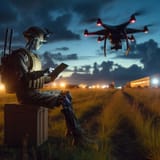 a lone high-tech American Marine Corps robot in a field viewing a tablet as a drone takes off next to him at night 4