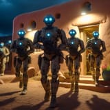 a squad of high-tech American Marine Corps humanoid robots with three eyes are seen exiting an adobe house at night 2