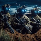 a squad of high-tech American robot warriors with night vision goggles digging foxholes in a field 2