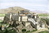 ancient-greece-acropolis-of-athenes-dominates-by-the-parthenon-with-a-statue-of-athena-colouring-engraving-of-the-19th-century-american-school