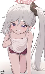 lolibooru 547781 bare_legs bare_shoulders blue_archive looking_at_viewer mutsuki_(blue_archive) purple_eyes side_ponytail simple_background white_background white_hair