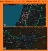 Road clousures Tel Aviv vs Tehran June 17, 2025