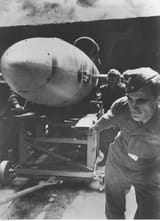 Transport of the V-1 flying bomb from the shelter to the starting field. Visible soldiers moving the missile. 1944