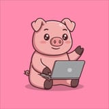 a-cartoon-pig-sitting-on-a-pink-background-with-a-laptop-free-vector