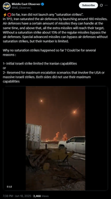 Screenshot 2025-06-18 at 19-41-35 Middle East Observer on X ⚡️⭕️So far Iran did not launch any &#039;&#039;saturation strikes&#039;&#039;. In TP2 Iran saturated the air defenses by launching around 180 missiles. Air defenses have a certain amoun[.