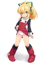 lolibooru 594788 green_ribbon hair_between_eyes kirishima_satoshi lifted_by_self long_sleeves looking_at_viewer mecha_musume red_footwear white_background white_pantsu