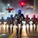 squad_tall_skinny_American_droids_National_Guard_biped_robots_with_red_and_blue_lights_on_their_heads_accompanied_by_drones_with_advanced_weapons_running_down_the_street_in_Los_Angeles_at_night_restoring_order_the_air_is_filled_with_smoke