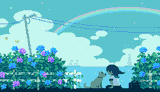 cozy doggo and rainbow and flowers