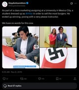 Screenshot 2025-04-02 at 01-09-35 StopAntisemitism on X As part of a class marketing assigning at a University in Mexico City a student dressed up as #Hitler in order to sell the most burgers. He ended up winning posing with a very please instruc[...]