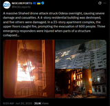 A massive Shahed drone attack struck Odesa overnight, causing severe damage and casualties. A 4-story residential building was destroyed 20-06-2025