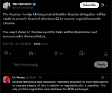 The Russian Foreign Ministry stated that the Russian delegation will be ready to arrive in Istanbul after June 22 to resume negotiations with Ukraine. 19-06-2025