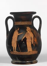 Unknown Artist (Attic, 5th Century B.C., unearthed at Nola, Campania) Athena stands with a commanding gesture in front of a reverently attentive man with a lance (Odysseus_) - red figure pelike-min