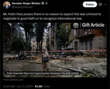 SenatorWicker 21-06-2025 Mr. Putin thus proves there is no reason to expect this war criminal to negotiate in good faith or to recognize international law.