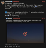 Screenshot 2025-06-21 at 23-40-36 Patarames (@Pataramesh) The Ghadr missile (yellow) Is after the 1990&#039;s Shahab-3 the missile that requires the longest launch preparation time of any 🇮🇱-range missile ➡️ Launch on broad daylight (Day 7) [...