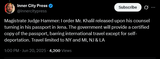 Screenshot 2025-06-21 at 15-43-43 Inner City Press on X Magistrate Judge Hammer I order Mr. Khalil released upon his counsel turning in his passport in Jena. The government will provide a certified copy of the passport barrin[...]