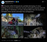A Russian strike hit Kramatorsk, partially destroying a 4-story building. A man born in 1955 was rescued, along with a woman and a 14-year-old girl. 22-06-2025