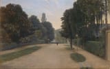 Gustaf Adolf Clemens (Copenhagen, Kingdom of Denmark 1870-1918 Frederiksberg, Københavns Amt, Kingdom of Denmark) Frederiksberg villa road, A lady on a bicycle in a residential street in Frederiksberg - Oil on canvas 1901-min