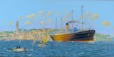 James Allen Flood (Philadelphia, Pennsylvania 1944-) SS Cymric of White Star Line in Cork Harbour, the town of Queenstown beyond, in 1914 - oil on canvas 2019