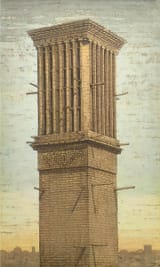 Taher Pour Heidari (Rafsanjan, Kerman province, Islamic Republic of Iran 1984-) Windcatcher above a cityscape - Oil on canvas 2024