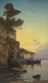 Hermann David Salomon Corrodi (Frascati, Comarca of Roma, State of the Church 1844-1905 Rome, Kingdom of Italy) Evening in the Gulf of Naples - Oil on canvas-min