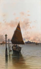 Salvatore Petruolo (Catanzaro, Calabria Ultra, Kingdom of the Two Sicilies 1857-1946 Naples, Campania, Italian Republic) A fishing boat on the Venetian lagoon with Santa Maria della Salute in the distance - Oil on canvas 1893