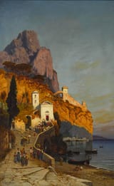 Hermann David Salomon Corrodi (Frascati, Comarca of Roma, State of the Church 1844-1905 Rome, Kingdom of Italy) Morning church service on the coast of Sorrento - Oil on canvas