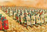Peter Dennis (British 1950-) The legionaries of Proconsul Flavius Arrianus arrayed in battle order in Cappadocia to repel the Alanian invasion in 135 - watercolour and acrylic on paper [Roman victory]