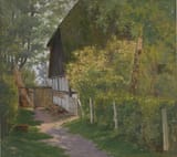 Albrecht Bruck (Lauban, Province of Silesia, German Reich 1874-1964 Teltow, Bezirk Potsdam, G.D.R.) Shady garden path of a farmhouse in Blankensee near Trebbin in the Berlin area - Oil on cardboard 1906-min