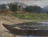Anton Johannes Josef Becker (Berlin, German Reich 1876-1962 Wedel, Schleswig-Holstein, F.R.G.) Kahn am sommerlichen Ufer eines Dorfes (Boat on the summer shore of a village) - Öl auf Leinwand 1909-min