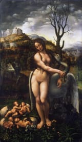 Leonardo da Vinci (Anchiano 1452-1519 Clos Lucé) Leda and the swan - oil on canvas c.1505 [16th c. oil on canvas anonymous copy]