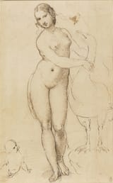 Leonardo da Vinci (Anchiano 1452-1519 Clos Lucé) Leda and the swan - oil on canvas c.1505 [16th c. pen and ink on paper copy by Raffaello Sanzio]