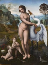 Leonardo da Vinci (Anchiano 1452-1519 Clos Lucé) Leda and the swan - oil on canvas c.1505 [1510 oil on canvas copy by Giovanni Antoni Bazzi &#039;Il Sodoma&#039;]