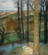 Fritz Erler (Frankenstein in Schlesien, Province of Silesia, Kingdom of Prussia, North German Confederation 1868-1940 Munich, Free State of Bavaria, German Reich) Frau mit Kindern am Bach zum Frühlingsanfang - Öl auf Leinwand c.1910