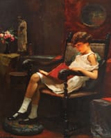 Endre Kacz Komáromi (Komárom, Komárom County, Kingdom of Hungary, A.H.M. 1880-1969 Balatonalmadi, Veszprém County, Hungarian People&#039;s Republic) The Storybook - Oil on cardboard