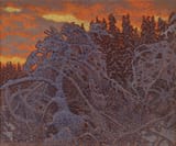 Gustaf Fjaestad (Stockholm, U.K. of Sweden-Norway 1868-1948 Arvika, Värmlands län, Kingdom of Sweden) Tillfrusen skogstjärn omgiven av rimfrostig vegetation i skymning (Frozen forest mere surrounded by hoarfrost vegetation at dusk) - Olja på duk