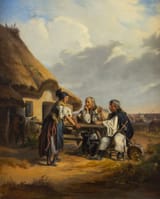 Károly Sterio (Stájerlak, Krassó-Szörény County, Kingdom of Hungary, Empire of Austria 1821-1862 Pest, Pest-Pilis-Solt County, Kingdom of Hungary, Empire of Austria) In front of the inn - Oil on canvas 1854
