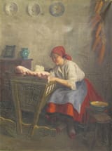 Emil Pap (Szolnok, Jász-Nagykun-Szolnok County, Kingdom of Hungary, Austro-Hungarian Monarchy 1884-1949) Bölcsőringató (A rocking cradle)- Olaj, vászon