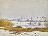 Plinio Colombi (Ravecchia, Canton of Ticino, Swiss Confederation 1873-1951 Spiez, Canton of Bern, Swiss Confederation) Kirchdorf with Gerzensee in winter - Watercolor over pencil 1919-min