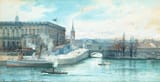 Anna Sofia Palm de Rosa (Stockholm, U.K. of Sweden-Norway 1859-1924 Madonna dell&#039;Arco, Campania, Kingdom of Italy) The Stockholm Castle and Norrbro - Watercolour and hightening white 1889