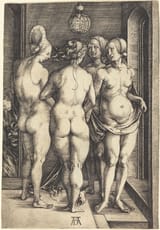 Albrecht Dürer (Free Imperial City of Nuremberg, Holy Roman Empire 1471-1528 ibidem) Four Naked Women - Engraving of paper 1497-min