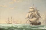 Fitz Henry Lane (Gloucester, Massachusetts, U.S.A. 1804-1865 ibidem) The United States Frigate %22President%22 Engaging the British Squadron, 1815 - Oil on canvas 1850-min