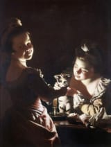 Joseph Wright of Derby (Derby, Derbyshire, England, Kingdom of Great Britain 1734-1797 ibidem) Two Girls Dressing a Kitten by Candlelight - Oil on canvas