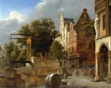 Jan van der Heyden (Gorinchem, County of Holland, Dutch Republic 1637-1712 Amsterdam, County of Holland, Dutch Republic) and Adriaen van de Velde (Amsterdam, County of Holland, Dutch Republic 1636-1672 ibidem) The Drawbridge - Oil on panel c.1672-min