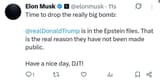 elon musk says zion don is in the epstein files. is this why zion don dropped the big bombs on iran illegally