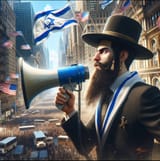 ai_art_blue_bullhorn_tophat_oligarch_isreal_jew_over_bustling_city_masses_busses