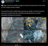 High-resolution satellite imagery reveals the aftermath of the strike on the Fordow nuclear facility 22-06-2025 three GBU-57A-B impact points