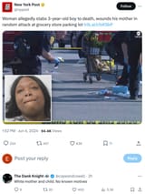 Black on White Crime 2024-06-04 Woman allegedly stabs 3-yearold boy to death, wounds his mother in random attack at grocery store parking lot