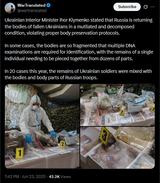 Ukrainian Interior Minister Ihor Klymenko stated that Russia is returning the bodies of fallen Ukrainians in a mutilated and decomposed condition 23-06-2025