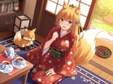 Konachan.com - 286518 animal animal_ears blonde_hair blue_eyes blush drink food fox foxgirl grass japanese_clothes kimono long_hair original ponytail tail
