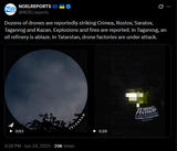 Dozens of drones are reportedly striking Crimea, Rostov, Saratov, Taganrog and Kazan. Explosions and fires are reported 24-06-2025 Taganrog, an oil refinery is ablaze